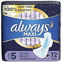 Always Maxi Overnight Pads with Wings, Size 5, Extra Heavy Overnight, Unscented, 72 Count