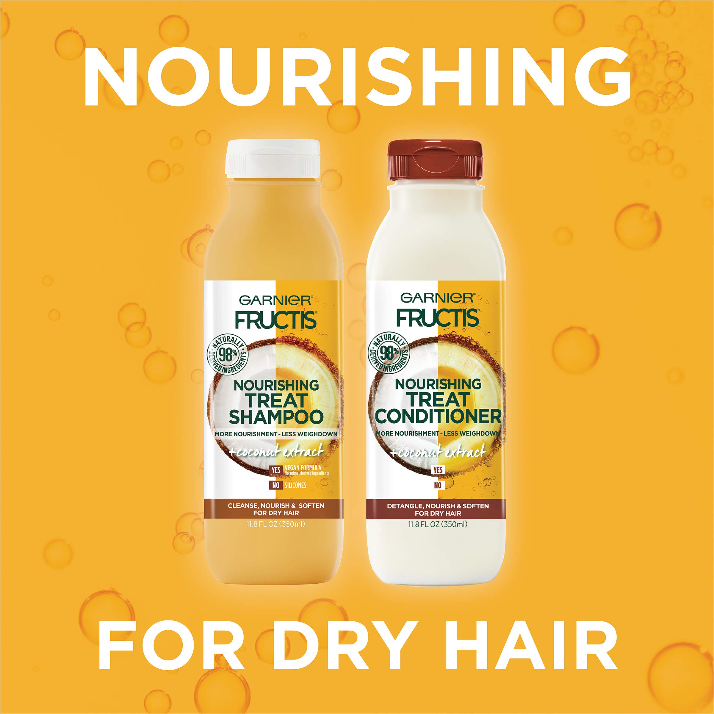 Garnier Fructis Nourishing Treat Conditioner, 98 Percent Naturally Derived Ingredients, Coconut, Nourish and Soften for Dry Hair, 11.8 fl. oz.