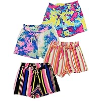 MISS POPULAR Girls 4Pack Super Soft Paperbag Shorts with Pockets Summer Cute Designs |Sizes 7-16