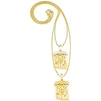 Jesus Set Two Crowned Small Gold Color Pendants with 24 and 30 Inch Box Necklaces