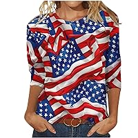 Cute 3/4 Length Sleeve Womens Tops USA Flag 4Th July American Red White Blue Star Stripes 4 Day T-Shirt Blouse