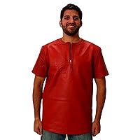 Mens Leather Crew Neck Tee Shirt Sheepskin 1/4 Zip up L Red