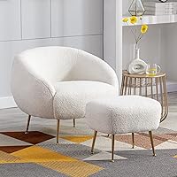 Merax White Modern Mid Century Comfy Accent Chair with Ottoman Teddy Armchair with Lumbar Pillow for Living Room Bedroom Office, Set of 1