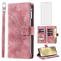 Phone Case for Samsung Galaxy S24 Plus S24+ 5G Wallet Cover With Tempered Glass Screen Protector and Wrist Strap Mandala Flower Flip Zipper Card Holder Cell S24plus 24S + S 24 24+ Women Men Rose Gold