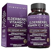 Viva Naturals Sambucus Elderberry with Vitamin C, Zinc, Vitamin D3 5000 IU & Ginger (120 Capsules) - Antioxidant & Immune Support Supplement, 2 Month Supply - 5 in 1 Black Elderberry for Adults