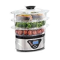 Digital Electric Food Steamer & Rice Cooker for Quick, Healthy Cooking with Stackable Three-Tier Bowls for Vegetables and Seafood, 8.25 Quart, Black & Stainless Steel