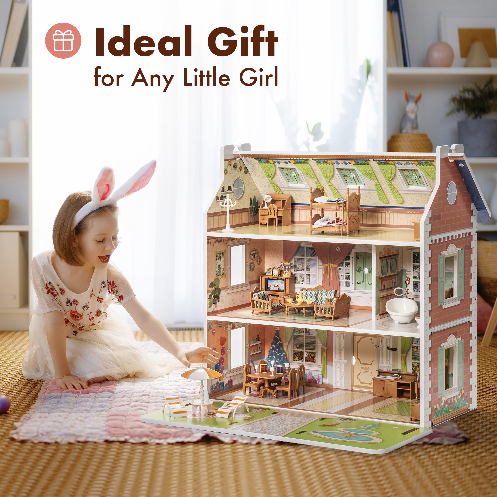 ROBUD Wooden Dollhouse for Kids Girls, Pretend Play Toy Gift for 3 4 5 6 Years Old Girls Boys