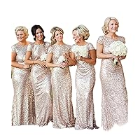 Champagne Cowl Back Gold Short Sleeve Sequin Long Bridesmaid Dress