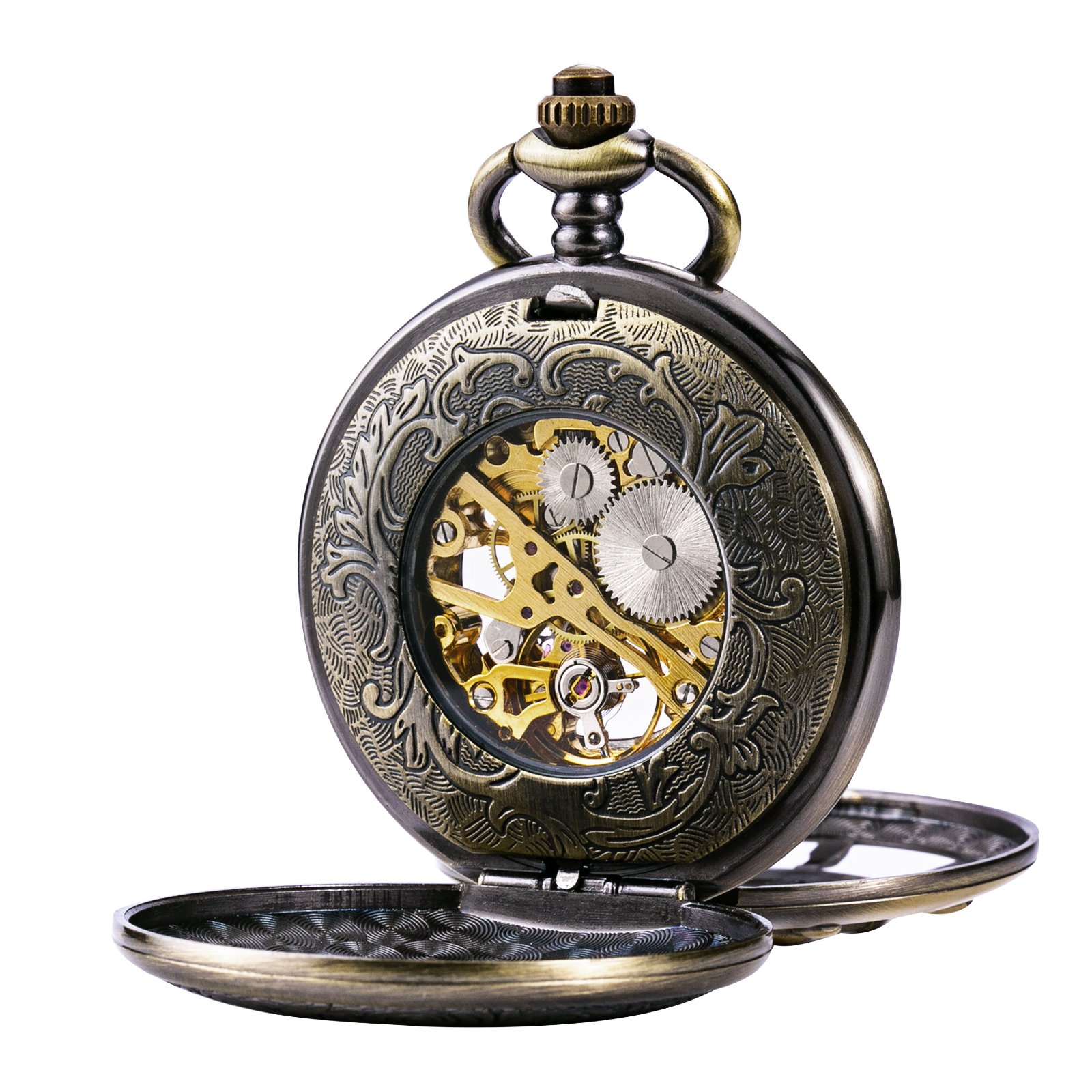 TREEWETO Bronze Double Cover Roman Numerals Dial Skeleton Mens Women Pocket Watch