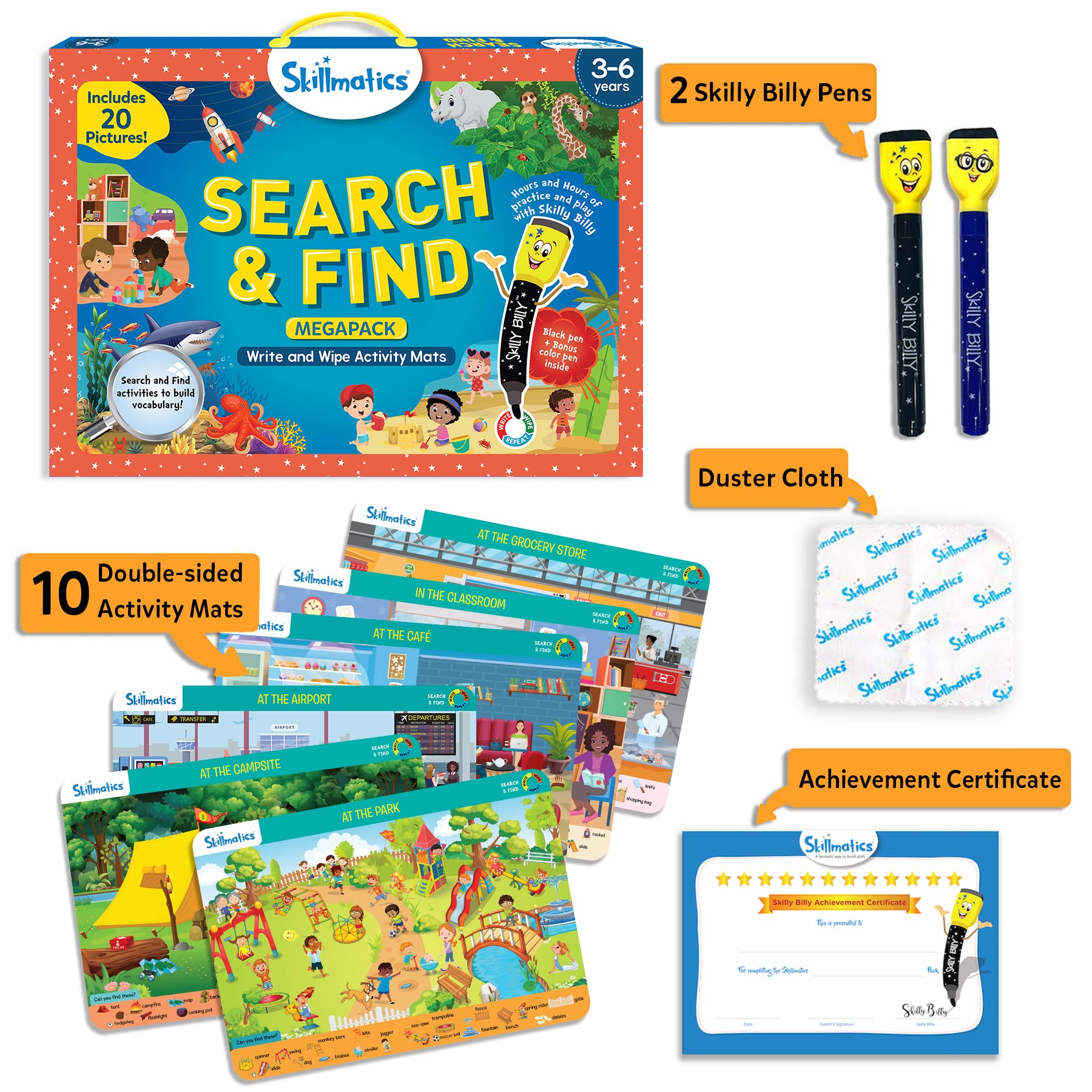 Skillmatics Educational Game - Search and Find Megapack, Reusable Activity Mats with 2 Dry Erase Markers, Gifts for Ages 3 to 6