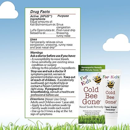 Cold Bee Gone for Kids Nasal Swab Cold and Flu Symptom Remedy w/Manuka Honey - 70+ Doses - All Natural for Kids