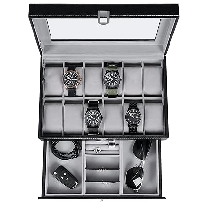 BEWISHOME 12 Watch Box Organizer Case with Jewelry Display Drawer Adjustable Tray Watch Storage Case for Men with Glass Top - Black PU Leather SSH02B