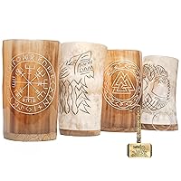 Viking Drinking Horn Mugs Set of 4, Natural Ox Horn Shot Glasses | 10 oz Cool Unique Tumbler, Beer Gift for Men and Women, Handmade Goblet| Medieval Stein for Ale, Mead, Whiskey