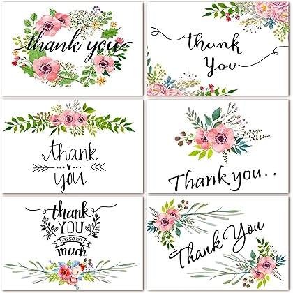 SUPHOUSE Teacher Thank You Cards with Envelopes Set, Thank You Cards Teacher Appreciation,Small Business,Baby Shower Thank You Cards, Wedding Thank You Cards Pink Floral Style,48 Bulk Pack