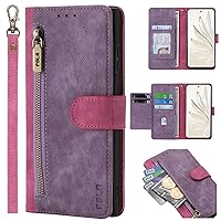 XYX Wallet Case for Motorola G54 5G, RFID Blocking Color Matching PU Leather 6 Card Slots Flip Zipper Pocket Purse Cover with Wrist Lanyard for Moto G54 5G, Purple & Pink
