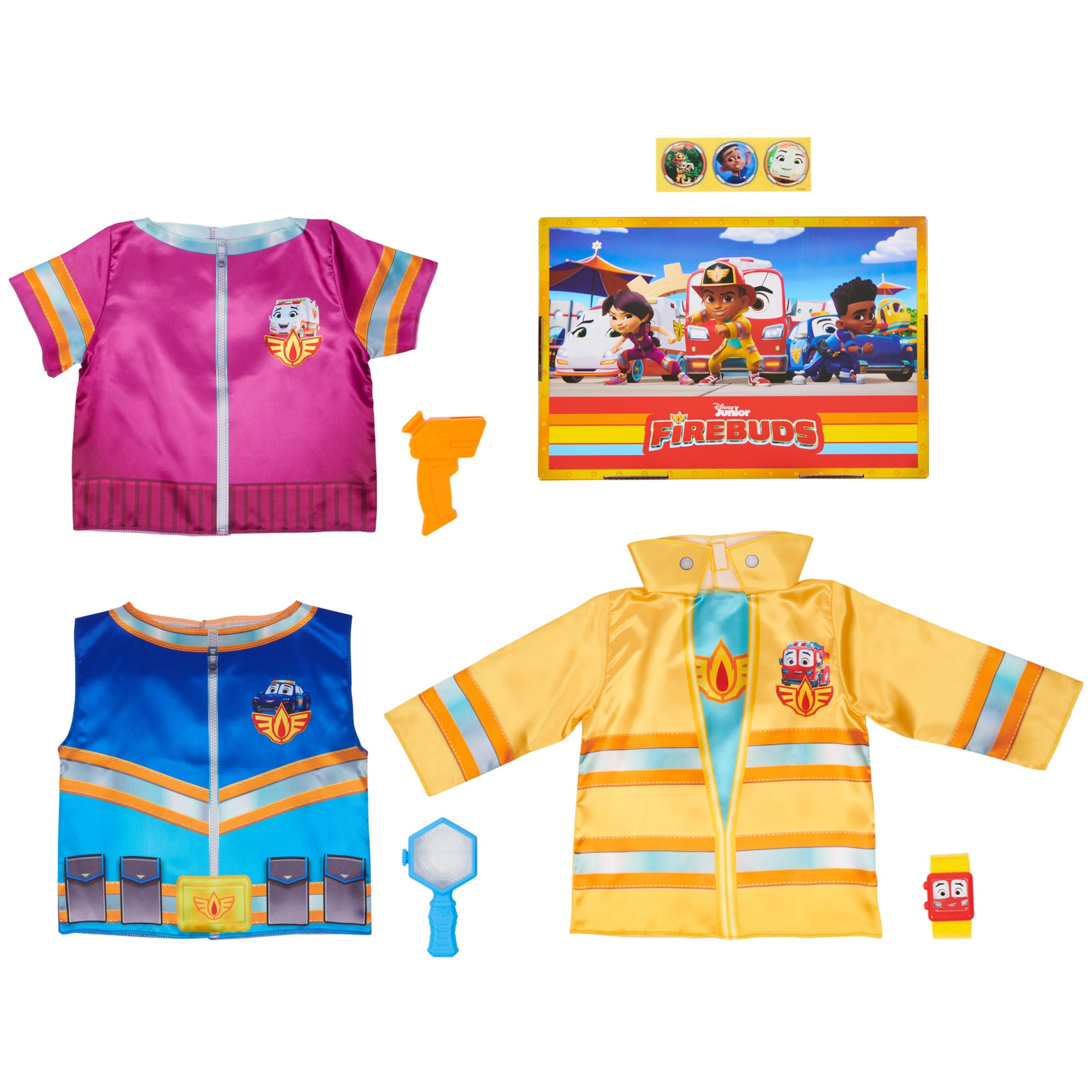 Disney Junior Firebuds Dress Up Trunk, Kids’ Dress Up & Pretend Play Set with Firefighter Costume, Police Officer Costume and EMT Costumes for Kids 3+