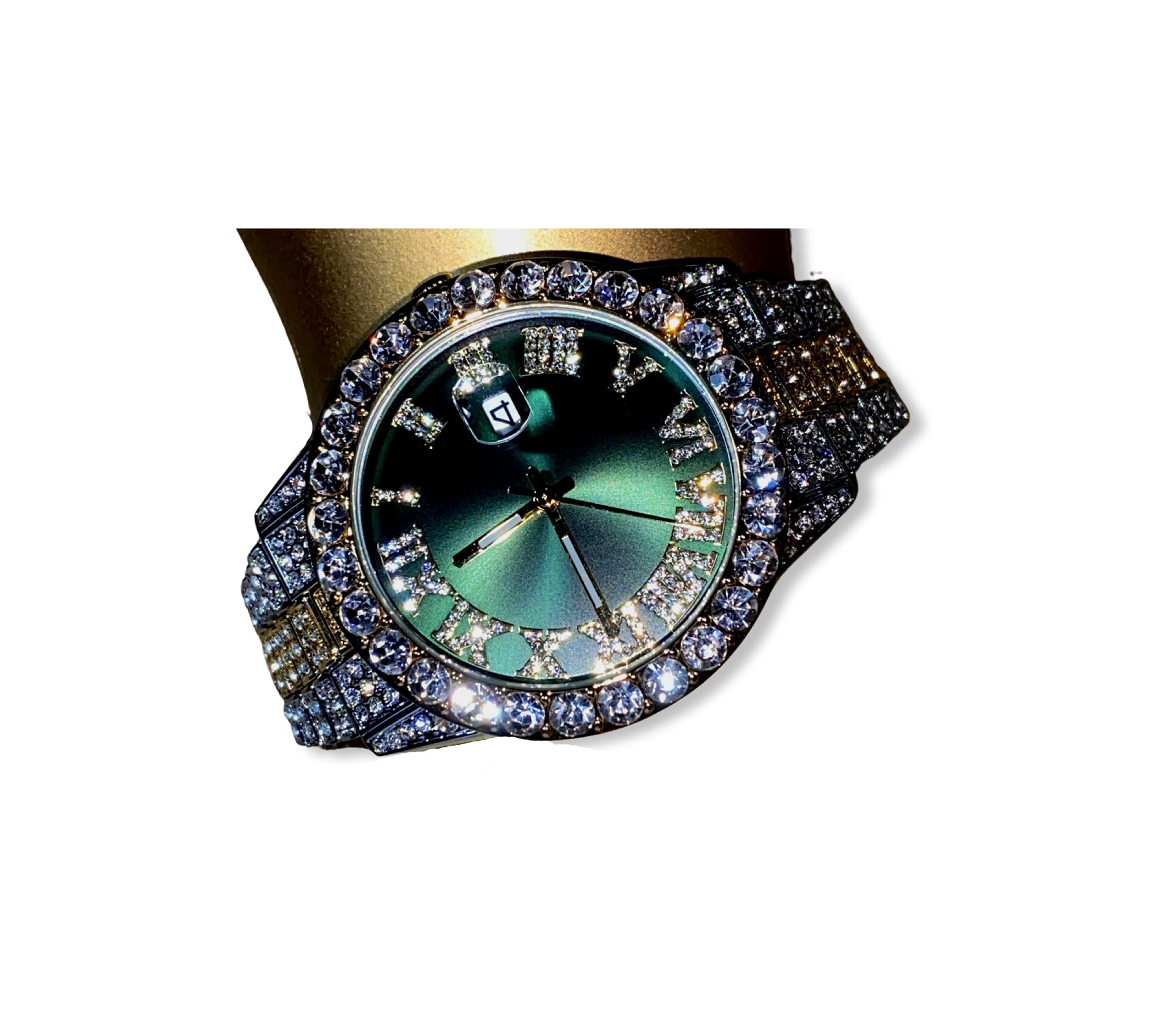 Men's Round 2 tone Green Dial Wrist Watch Band Luxury CZ Diamond Iced Bracelet Roman Numeric Round Dial Watch For Men Women Hip Hop Rapper Choice, Jewelry Watch, Iced Watch Custom Fit, Bust Down Watch