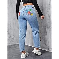 Jeans for Women Pants for Women Women's Jeans Cartoon Graphic Straight Leg Jeans (Color : Light Wash, Size : 32)