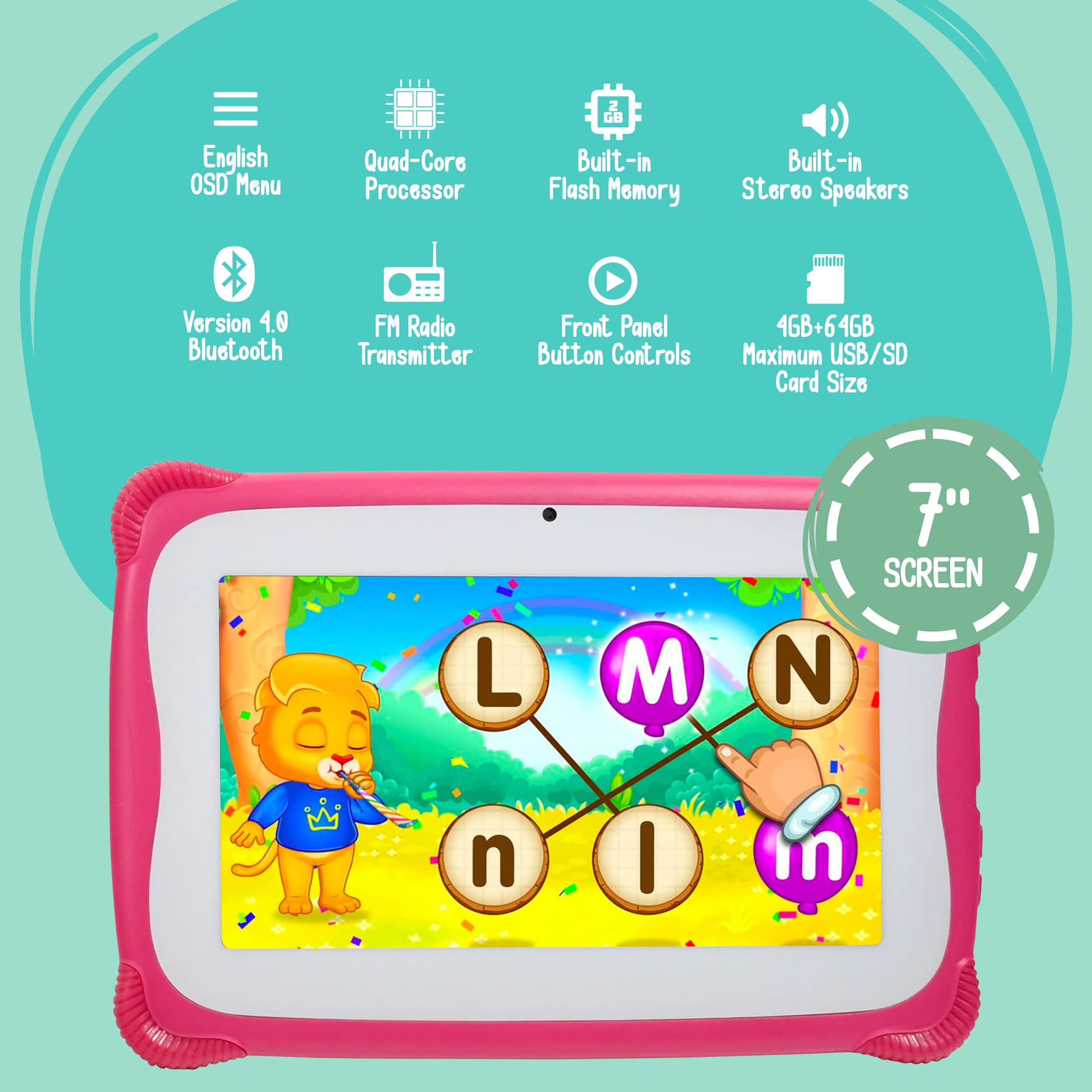 ﻿Kids Tablet W/Stylus Pen 7Inch WiFi Android 10 Children Tablet 1GB RAM 8GB Storage Quad-Core 2800 mAH Parental Control Educational Learning Games Dual Camera YouTube Toddler/Kid Proof Case (Hot Pink)