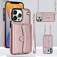 Compatible with iPhone 13 Pro Wallet Case with Crossbody Lanyard Strap, RFID Blocking Card Slots Holder and Wrist Strap Lanyard (Rose Gold)