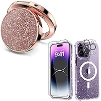 MIODIK Bundle for iPhone 14 Pro Max Case + Phone Ring Holder (Rose Gold), Magnetic Clear Glitter with 9H Tempered Glass Screen Protector + Camera Lens Protector, Protective Shockproof for Women