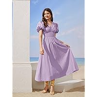 Dresses for Women 2023 Easter Dress for Women Shirred Puff Sleeve -line Dress (Color : Lilac Purple, Size : X-Large)