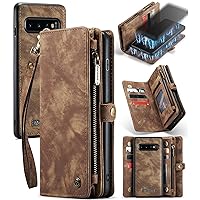 for Samsung Galaxy S10 Wallet Case, 2 in 1 Vintage Flip Folio PU Leather Case with Detachable Magnetic Back Cover, Card/Cash Slots, Zipper Coin Pocket, Hand Strap. (Brown)