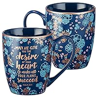 Christian Art Gifts Ceramic Coffee and Tea Mug 12 fl. oz. Encouraging Bible Verse: Desire of Your Heart: Psalm 20:4 Lead-free, Non-Toxic and Cadmium-free Novelty Drinkware, Floral, Matte Navy