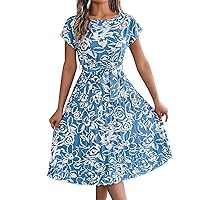 Flower Dresses for Women 2024, Womens Retro Floral Print Pleated Skirt Short Sleeved Outfits Dress, S, XL