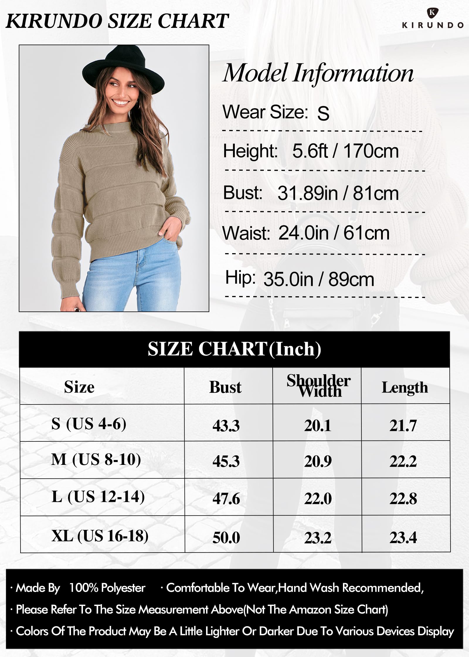 KIRUNDO Womens Sweaters 2023 Fashion Fall Winter Casual Puff Sleeve Crew Neck Loose Soft Chunky Knit Pullover Jumper Tops