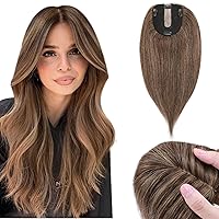 Human Hair Toppers for Women with Thinning Hair, 120% Density Large Silk Base Clip in Short Hair Topper Pieces No Bang Hairpieces for Hair Loss Cover Gray Hair, 12 Inch (#4P27)