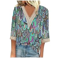 Three Quarter Length Sleeve Tops Loose Fit V Neck T-Shirts for Women Floral Blouse Tops Vintage Graphic Tee Tunics