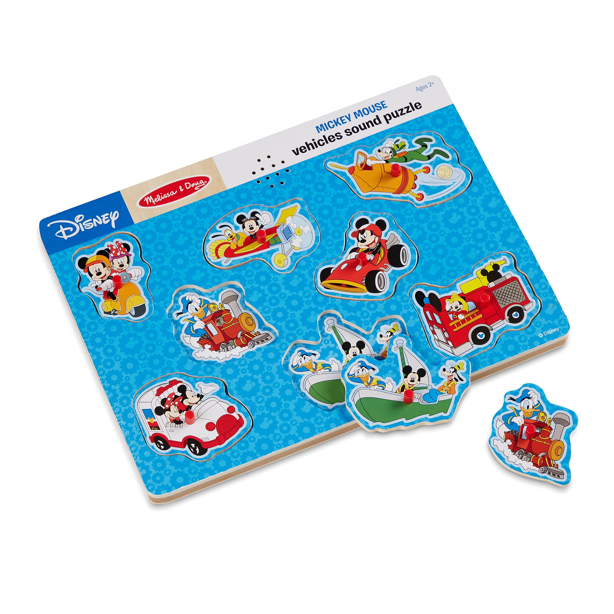 Melissa & Doug Disney Mickey Mouse and Friends Vehicles Sound Puzzle (8 pcs) - Mickey Mouse Toddler Toys, Wooden Sound Puzzles For Toddlers Ages 2+