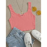Notch Neck Lettuce Edge Rib-Knit Tank Top (Color : Coral Pink, Size : Large)