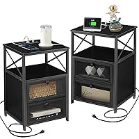 Black End Table Set of 2 with USB Ports and Outlets,24Inch Nightstands with Charging Station and Storage Shelf for Bedroom,Living Room