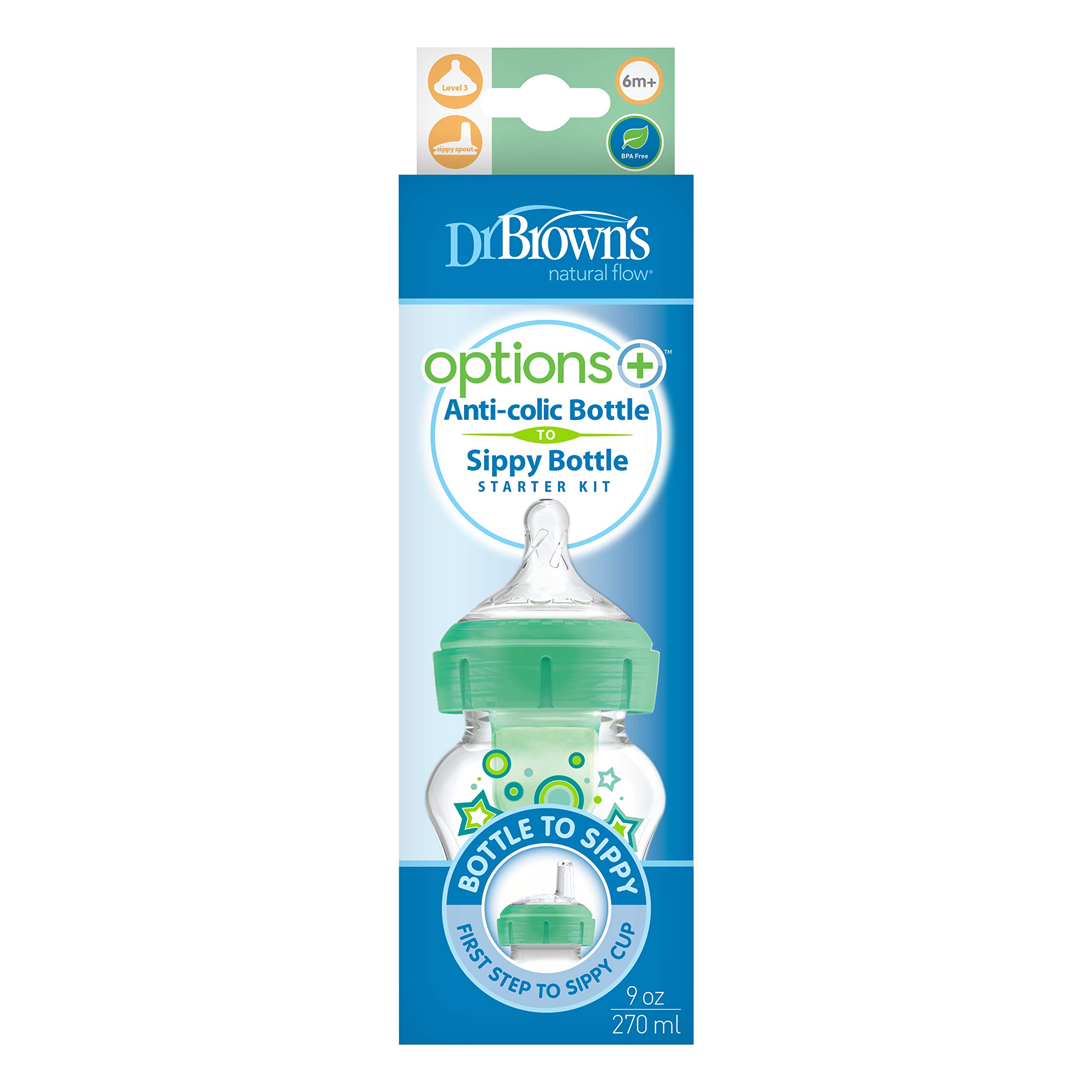 Dr. Brown’s Natural Flow® Anti-Colic Options+™ Wide-Neck Sippy Bottle Starter Kit, 9oz/270mL, with Level 3 Medium-Fast Flow Nipple and 100% Silicone Soft Sippy Spout, Green, 6m+