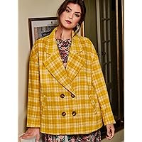 OVEXA Women's Large Size Fashion Casual Winte Plus Tartan Print Double Breasted Overcoat Leisure Comfortable Fashion Special Novelty (Color : Yellow, Size : X-Large)