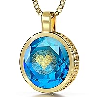 Gold Plated Silver I Love You Necklace for Women Pure Gold Inscribed in 120 Languages on Round Cut Blue Cubic Zirconia Gemstone Anniversary Halo Pendant, 18