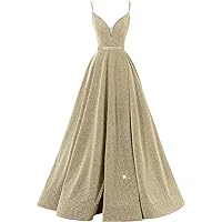 Glittery Cloth Women's Glittery Spaghetti V-Neck Prom Dresses Long Side Split Formal Evening Gowns