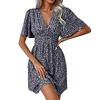 Bohemian Dress for Women Floral Print Sexy Trendy Casual with Short Sleeve Deep V Neck Ruched Dresses