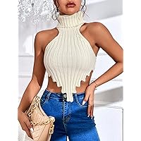 Women's Knitted Tops Turtleneck Asymmetrical Hem Backless Crop Halter Knit Top Knitted Tops (Color : Apricot, Size : X-Small)