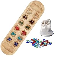 WE Games 22 Inch Deluxe Mancala Board Game with Natural Solid Wood Board and Glass Stones
