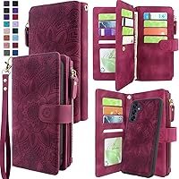 Harryshell Detachable Magnetic Zipper Wallet Leather Case with Cash Coin Pocket Multi Card Slots Holder Wrist Strap Lanyard for Samsung Galaxy A15 5G (2024) (Flower Wine Red)