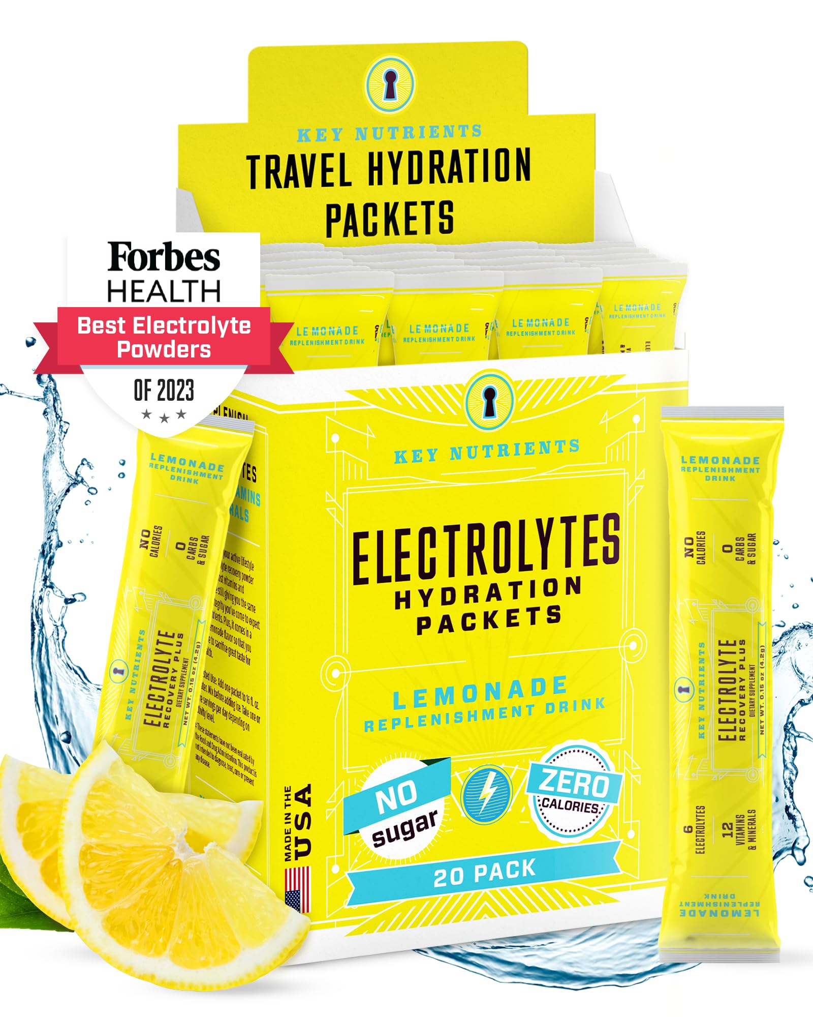 KEY NUTRIENTS Electrolytes Powder Packets - Refreshing Lemonade 20 Pack Hydration Packets - Travel Hydration Powder - No Sugar, No Calories, Gluten Free - Made in USA