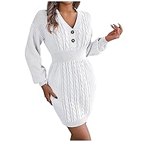 Sweater Dresses for Women Fashion Casual V-Neck Long Sleeve Button Long Sleeve Wrapped Hip Dress