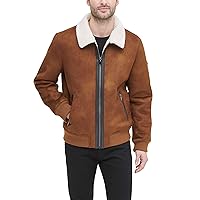 DKNY Men's Shearling Bomber Jacket with Faux Fur Collar