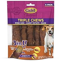Gourmet Triple Chews Pork Hide, Sweet Potato, & Duck Dog Treats - Healthy Dog Treats for Small & Large Dogs - Inspected & Tested in USA (6 Count)