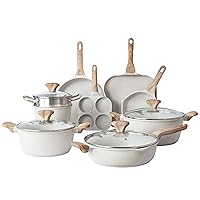 Country Kitchen Induction Cookware Sets - 13 Piece Nonstick Cast Aluminum Pots and Pans with BAKELITE Handles, Glass Lids -Cream