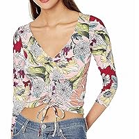 Guess Women's Three Quarter Sleeve Erie Ruched Top, Garden Fever Print Rose dust, M