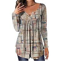 Workout Tops for Women,Womens Swing Geometric Print Henley V Neck Shirt Casual Blouses Pleated Button Tops